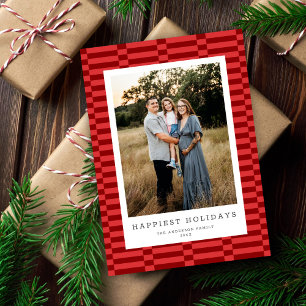 Fun Chequered Customisable Colour 1 Photo WARM RED Holiday Card