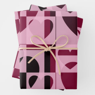 Fun Chequered Hearts Soft Pink and Wine Red Wrapping Paper Sheet