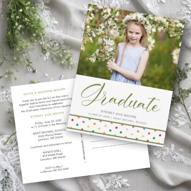 Fun Cherished Green Polka Dots Grad Photo Grad Postcard (Funny Cherish Green Polka Dots Grad Photo Graduation Invitation Card.)