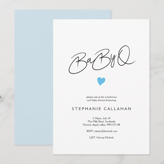 Fun Chic Baby BaBy Q Shower Blue Heart Motif Invitation (Front/Back)