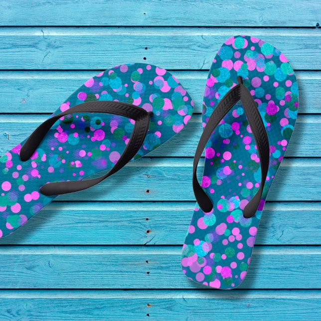 Fun, chic blue purple pink confetti dots on teal flip flops (Creator Uploaded)
