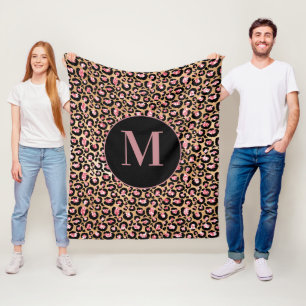 Fun Chic Pink Black Gold Cheetah/Leopard Monogram Fleece Blanket