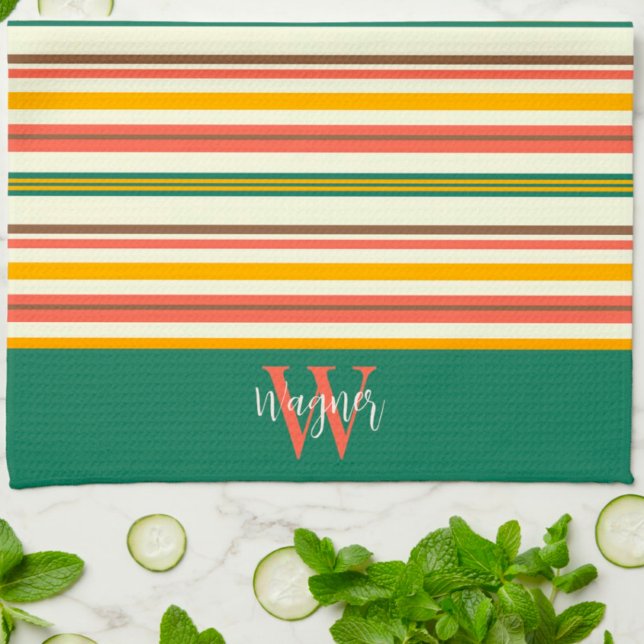 Fun Chic Stripe Stylish Custom Monogram Last Name Tea Towel (Creator Uploaded)