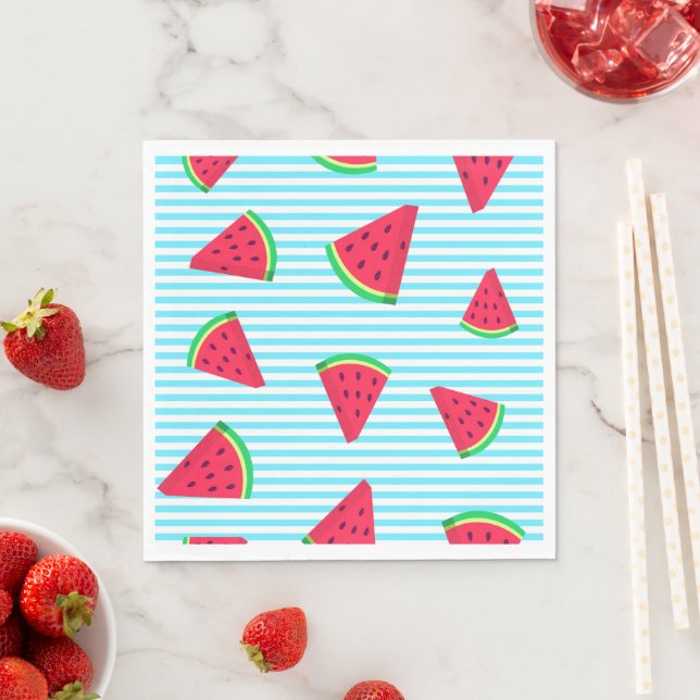 Fun Chic Watermelon Slices Blue Lines Pattern Napkin (Insitu)
