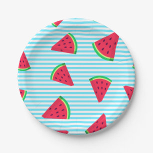 Fun Chic Watermelon Slices Blue Lines Pattern Paper Plate