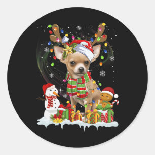 Fun Chihuahua Christmas Ugly  Dog Santa Hat Lights Classic Round Sticker