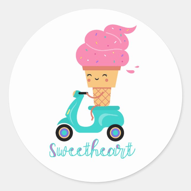 Fun Chill Summer Pink Ice Cream Scooter Sweetheart Classic Round Sticker (Front)