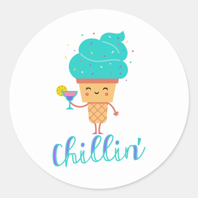 Fun Chill Summer Teal Ice Cream Chillin' Party Classic Round Sticker (Front)