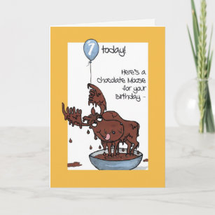 Fun Chocolate Moose with Balloon 7th Birthday Card