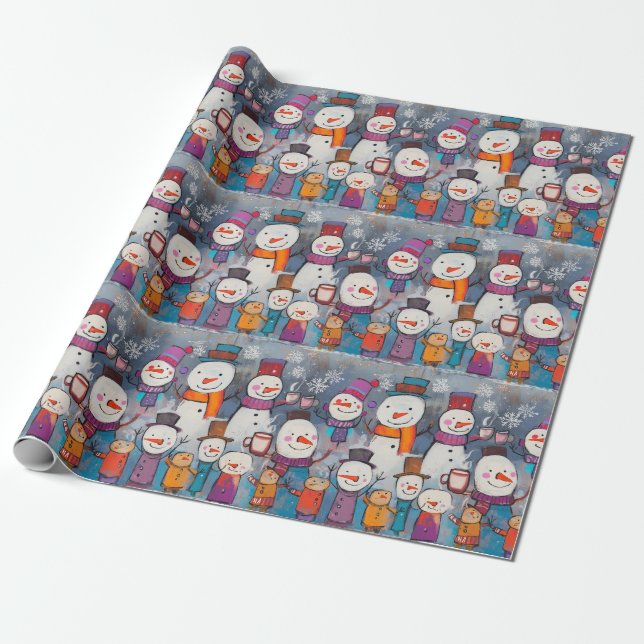 Fun Chorus of Snowmen Drinking Hot Cocoa Wrapping Paper (Unrolled)