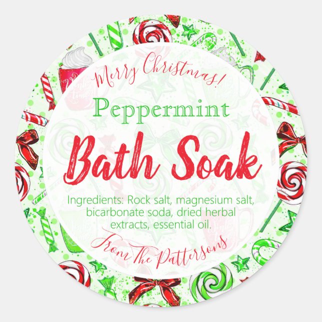 Fun Christmas Candy Cane Bath Bomb Salt Soak Label (Front)