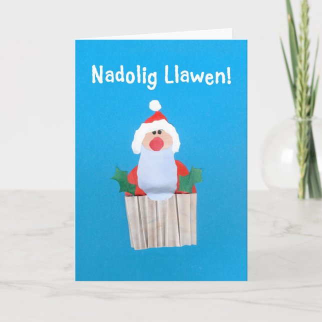 Fun Christmas Card, Welsh, Cupcake with Santa Holiday Card (Front)