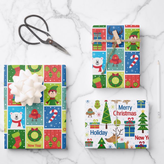 Fun Christmas Cartoon Images Wrapping Paper Sheet (Front)