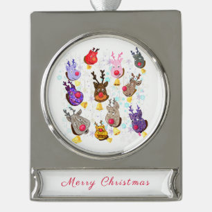 Fun Christmas Colourful Toys Deers with Bells Funn Silver Plated Banner Ornament