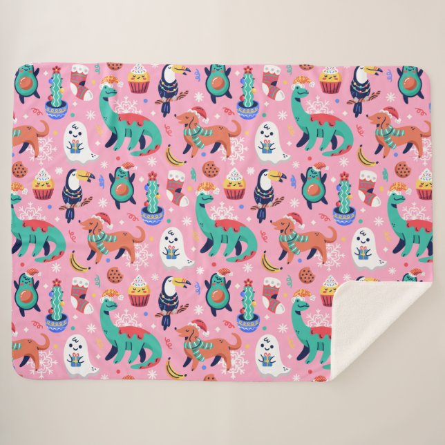 Fun Christmas Dinosaur Dog Parrot Avocado Cactus Sherpa Blanket (Front (Horizontal))