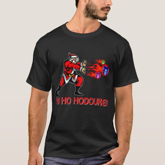 Fun Christmas Gamer Santa Ho Ho Hodouken Videos T-Shirt (Front)