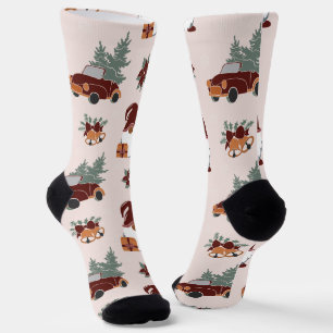 Fun Christmas Gnome and Car with Tree Pattern Socks