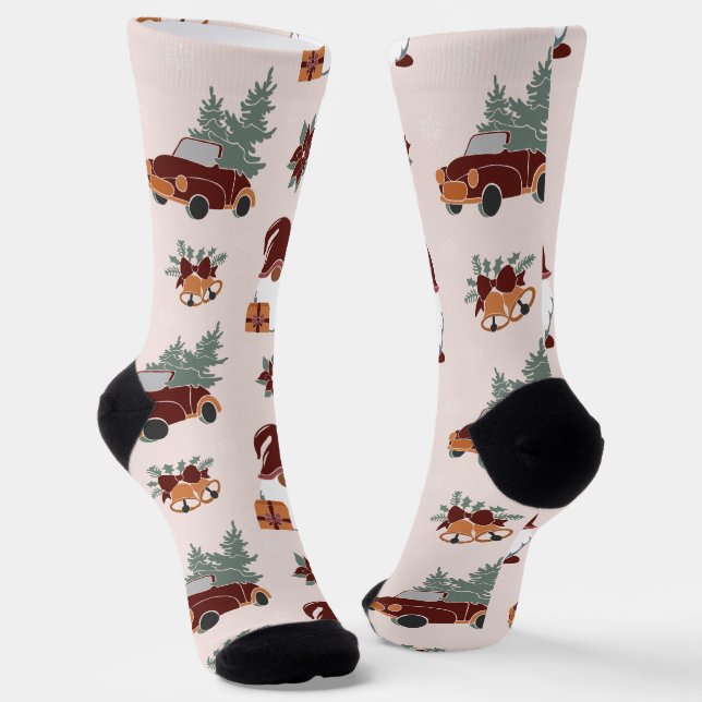 Fun Christmas Gnome and Car with Tree Pattern Socks (Angled)