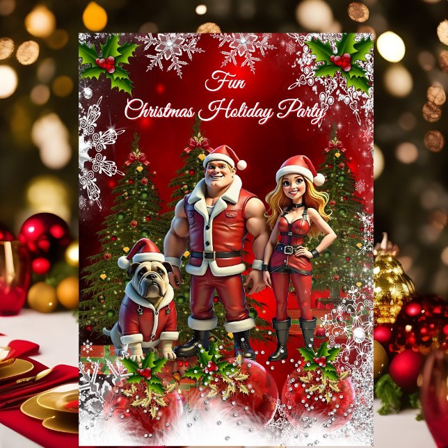 Fun Christmas Holiday Party Red Couple Dog Invitation (Creator Uploaded)