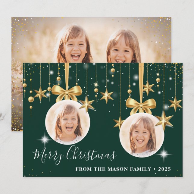 Fun Christmas Ornament Photo Green Gold Holiday Card (Front/Back)