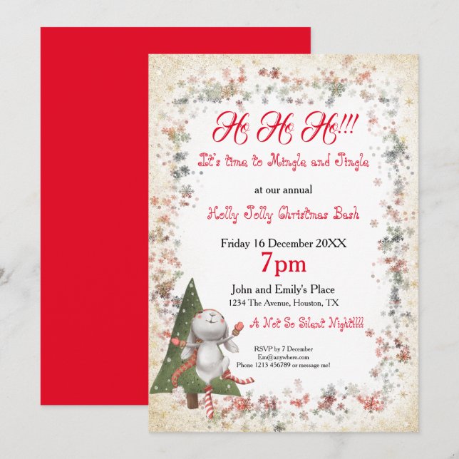 Fun Christmas Party Cute Bunny Tree Star Snowflake Invitation (Front/Back)