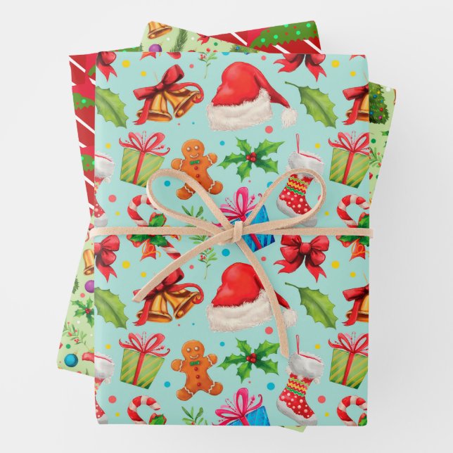 Fun Christmas Patterns Bells Hats Cup Cakes Trees Wrapping Paper Sheet (In situ)