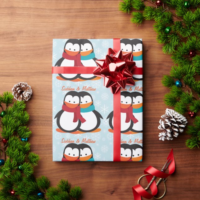 Fun Christmas Penguin Couple Customisable Wrapping Paper (Holiday Gift)