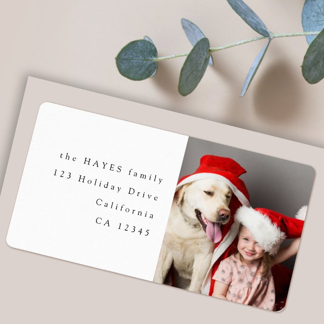 Fun Christmas Photo Modern Minimal Return Address Label (Modern holiday photo return address label by Guava with your custom picture)