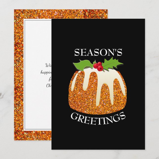 Fun | Christmas Pudding Orange | GLITTER | Festive Holiday Card (Front/Back)