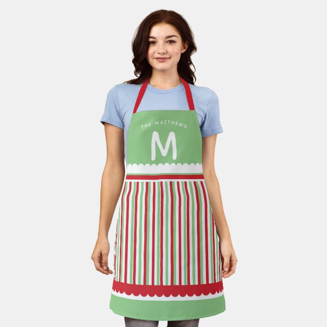 Fun Christmas Red Green & White Striped Holiday Apron (Worn)