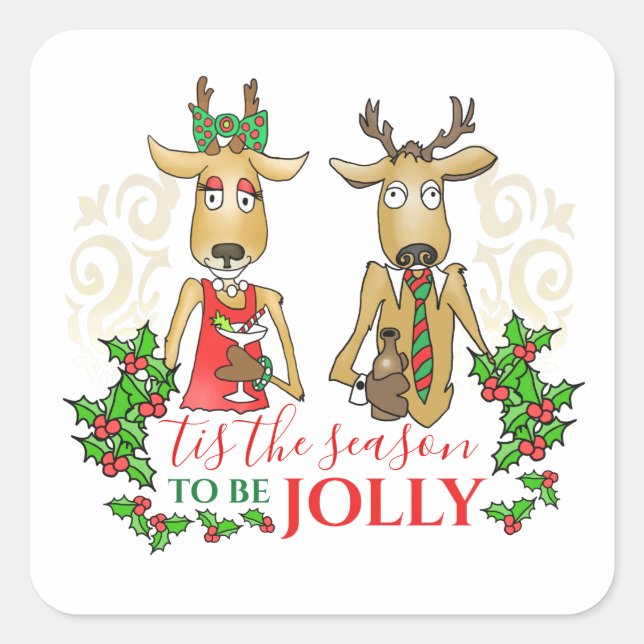 Fun Christmas Reindeer with Drinks Tis the Season Square Sticker (Front)