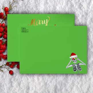 Fun Christmas Skeleton Santa Hat Ornaments Gold Envelope
