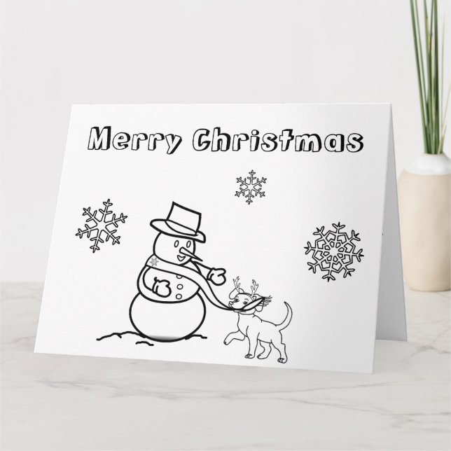 Fun Christmas Snowman with Dog Colour Me Card (Front)