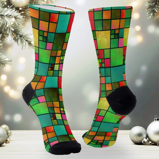 Fun Christmas Stained Glass Pattern Socks (Artistic Christmas socks featuring a fun abstract geometric leaded glass pattern in green and red)