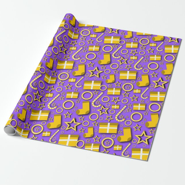 Fun Christmas Stuff on Purple Wrapping Paper (Unrolled)