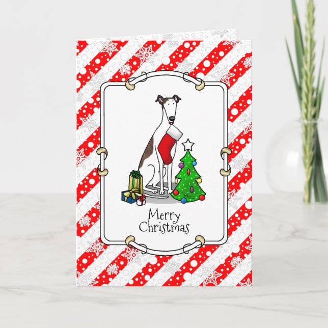 Fun Christmas Tree 2 Greyhound Dog (brindle white) Card (Front)
