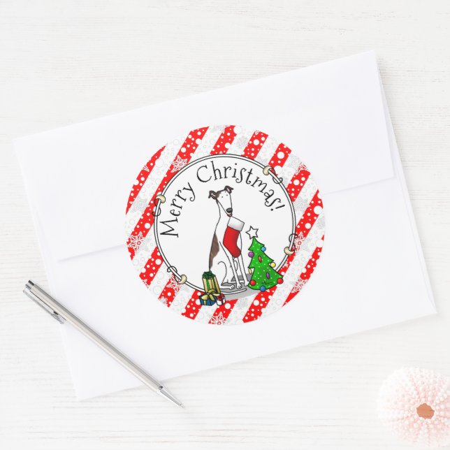 Fun Christmas Tree 2 Greyhound Dog (brindle white) Classic Round Sticker (Envelope)