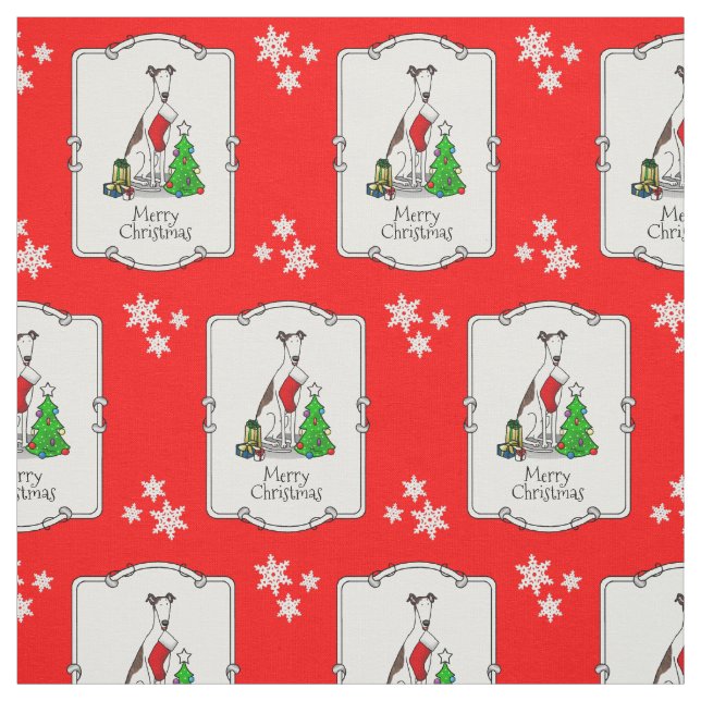 Fun Christmas Tree 2 Greyhound Dog (brindle white) Fabric (Swatch)