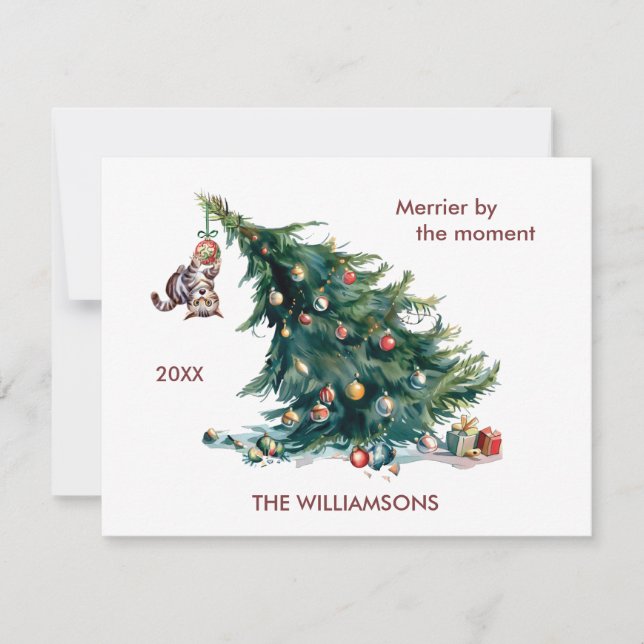 Fun Christmas Tree Dangling Cat Personalise Holiday Card (Front)