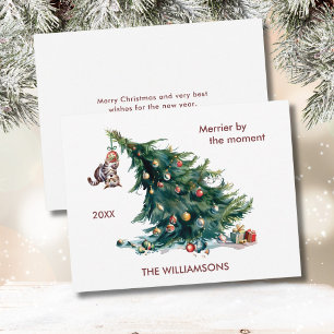 Fun Christmas Tree Dangling Cat Personalise Holiday Card