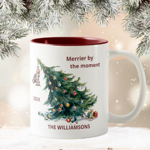 Fun Christmas Tree Dangling Cat Personalise Two-Tone Coffee Mug