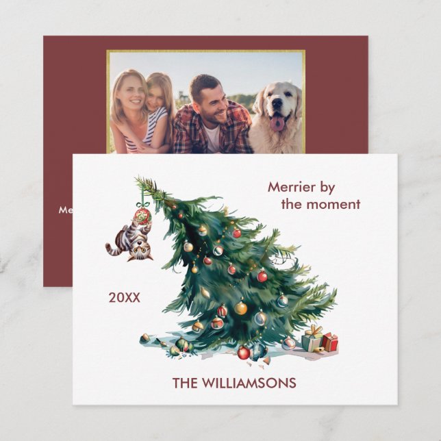 Fun Christmas Tree Dangling Cat Photo Holiday Card (Front/Back)