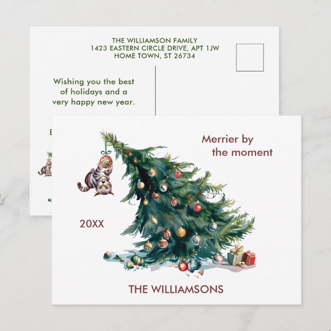 Fun Christmas Tree Dangling Cat Photo Holiday Postcard (Front/Back)