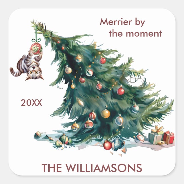 Fun Christmas Tree Dangling Cat Photo Square Sticker (Front)