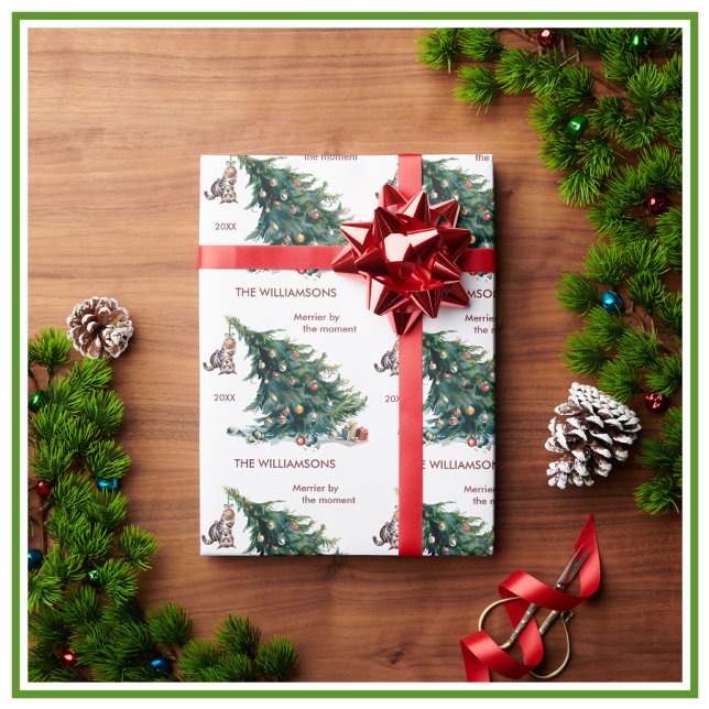 Fun Christmas Tree Dangling Cat Photo Wrapping Paper (Creator Uploaded)