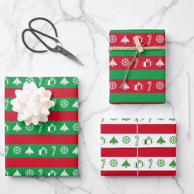 Fun Christmas Tree, Snowflake, Candy Cane, Present Wrapping Paper Sheet (Front)