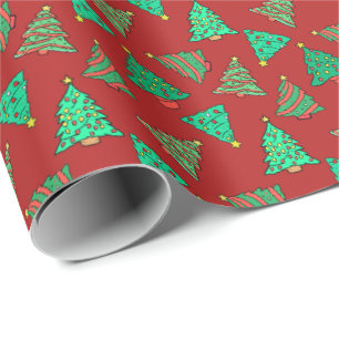 Fun Christmas Trees Red Patterned Wrapping Paper