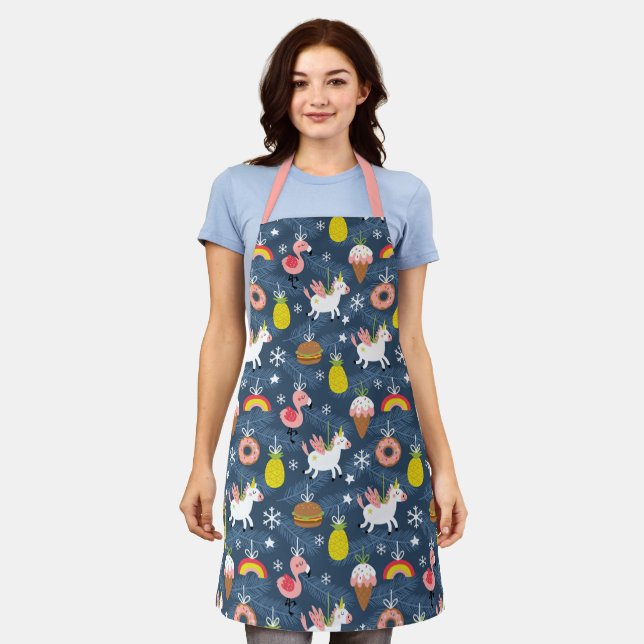 Fun Christmas Unicorns and Flamingos Pattern Apron (Worn)