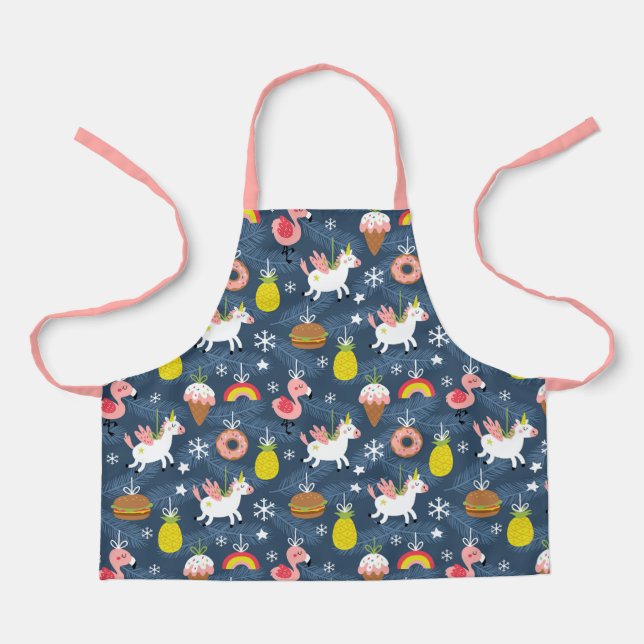 Fun Christmas Unicorns and Flamingos Pattern Apron (Front)