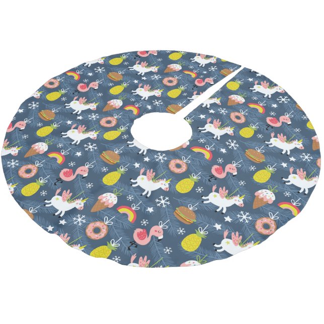 Fun Christmas Unicorns and Flamingos Pattern Brushed Polyester Tree Skirt (Angled)